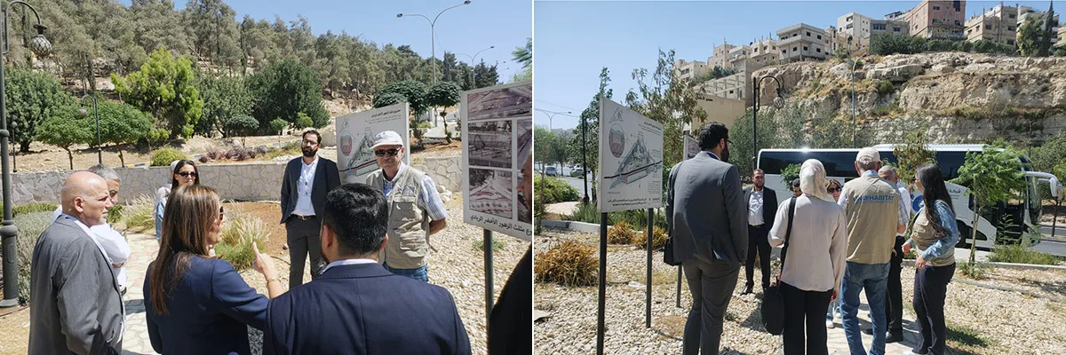 Two photographs showing the participants standing in a semicircle on the grounds of the Al-Zuhour Green Triangle while the project is being explained to them