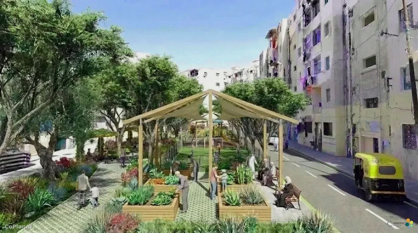 KI-Visualisierung der zuvor leeren Straße als begrünter Gemeinschaftsraum: Unter einem Sonnensegel pflegen Menschen Hochbeete, Ältere sitzen auf Bänken, im Hintergrund liegt ein Spielplatz. Bäume spenden Schatten